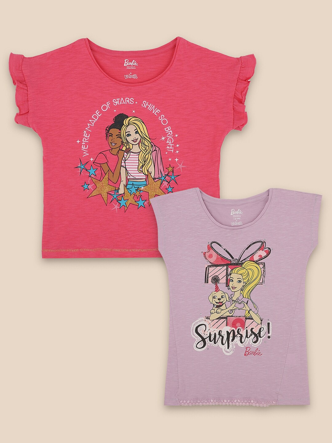 

Kids Ville Girls Pack of 2 Barbie Printed Puff Sleeves Pure Cotton T-shirt, Pink