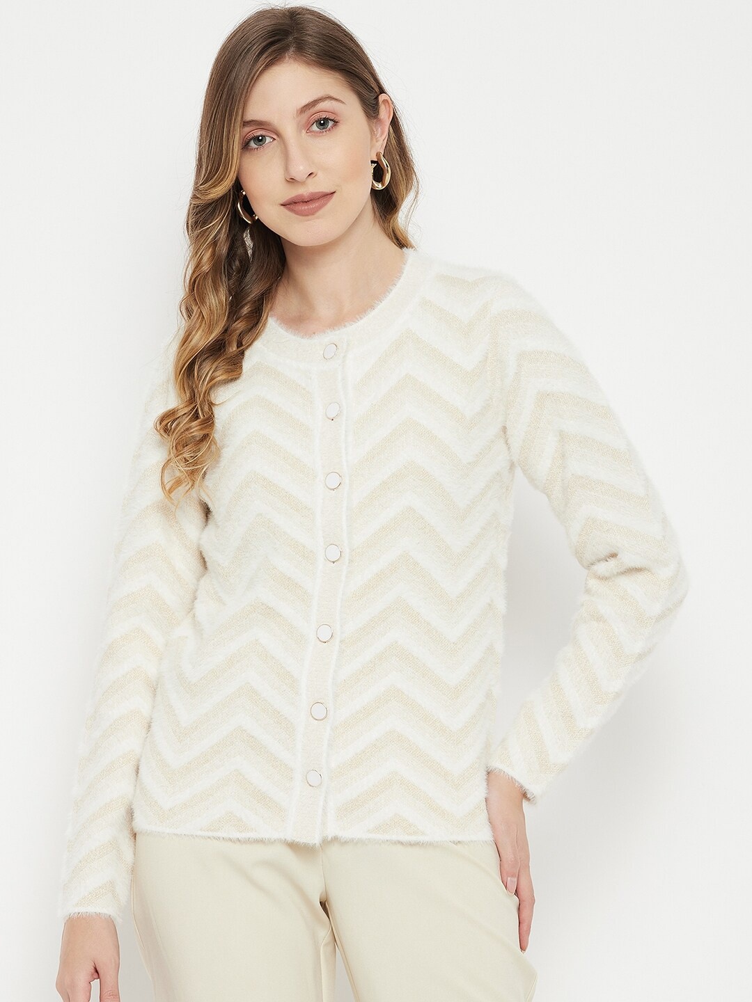 

Madame Women Off White Striped Striped Cardigan with Fuzzy Detail