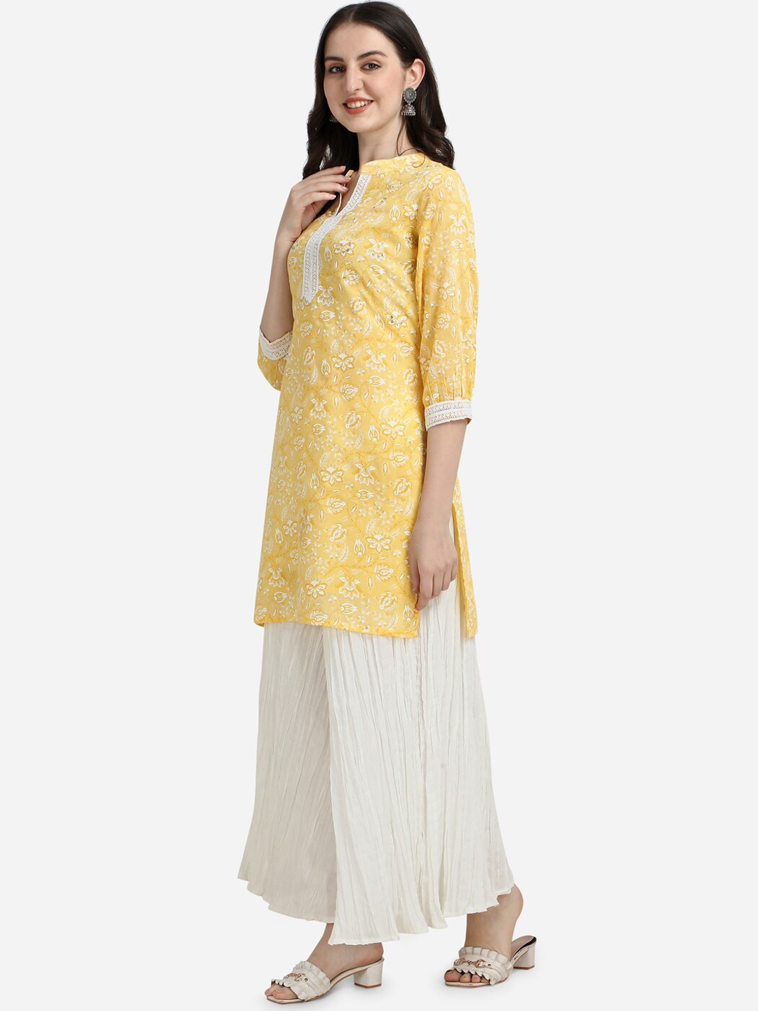

Pure 9 Women Yellow Floral Printed Pure Cotton Kurti with Palazzos