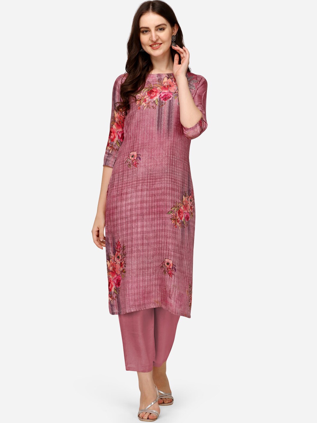 

Pure 9 Women Purple Floral Embroidered Pure Silk Kurta with Trousers