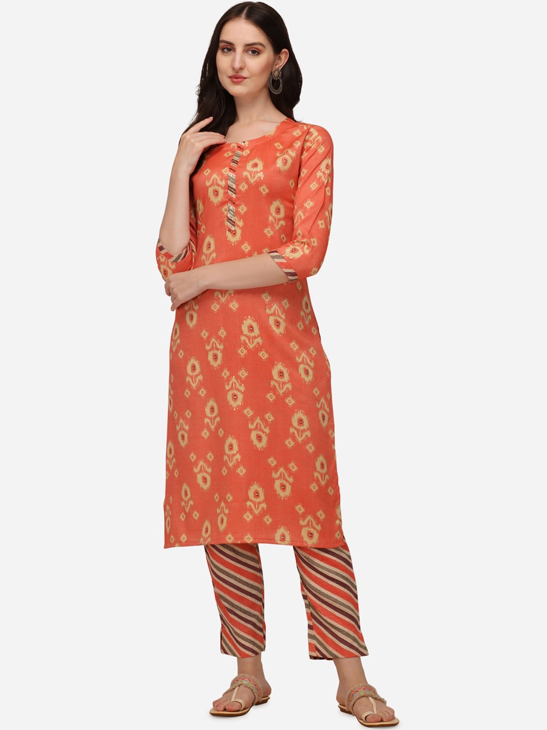 

Pure 9 Women Orange Floral Printed Kurta with Trousers