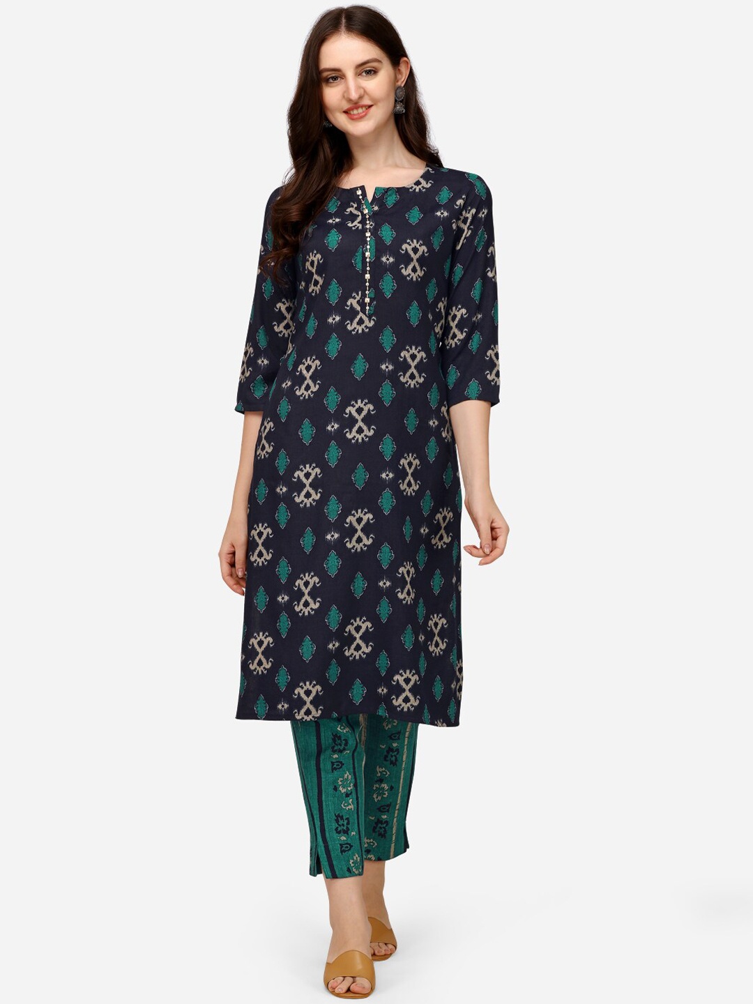 

Pure 9 Women Blue Ethnic Motifs Printed Kurta with Trousers