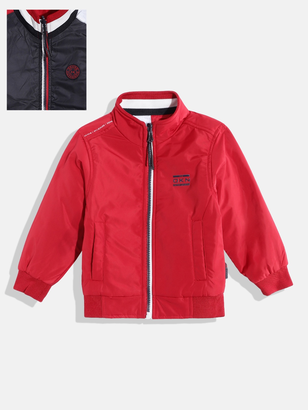 

Okane Boys Red Solid Mock Collar Reversible Bomber Jacket