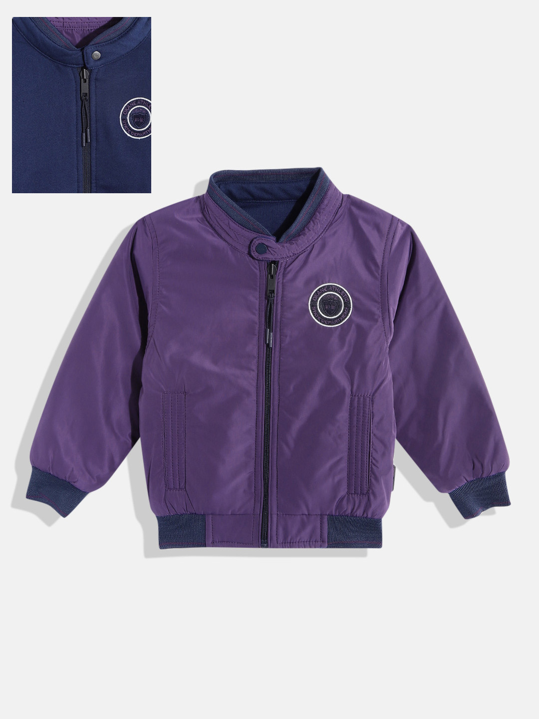 

Okane Boys Purple Solid Stand Collar Reversible Bomber Jacket