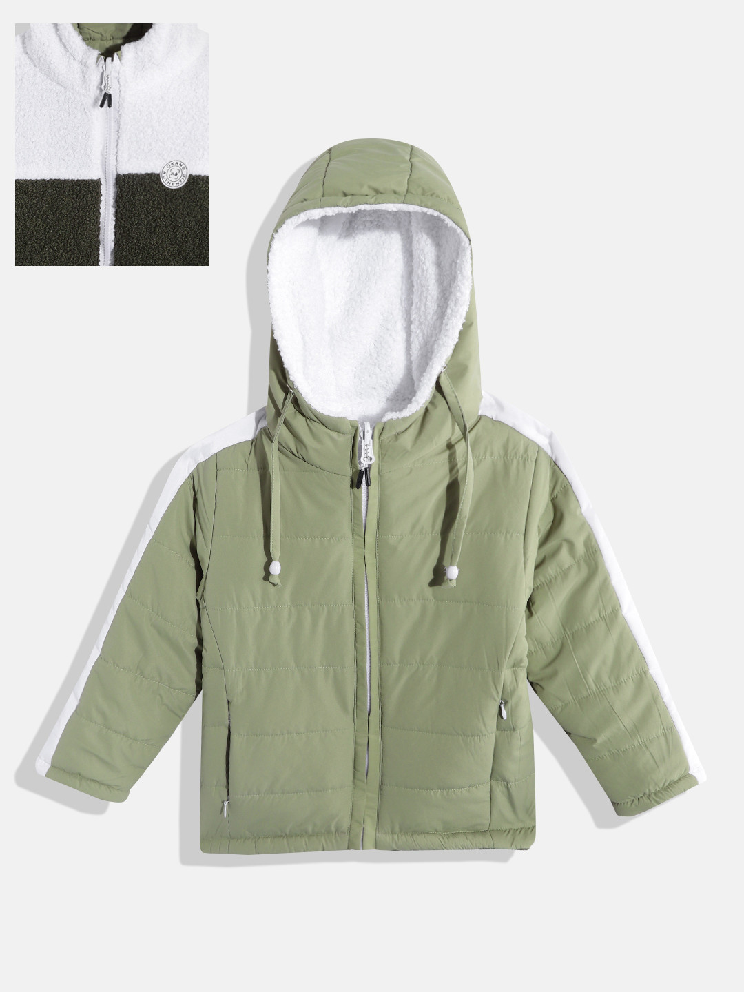 

Okane Boys Green Solid Reversible Faux Fur Trim Padded Jacket