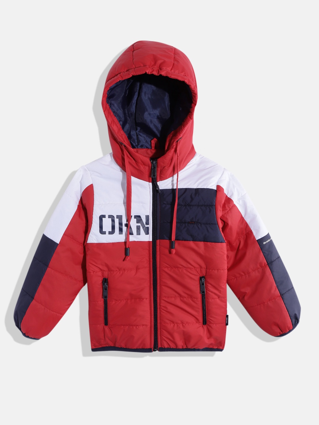 

Okane Boys Red & Navy Blue Hooded Colourblocked Padded Jacket