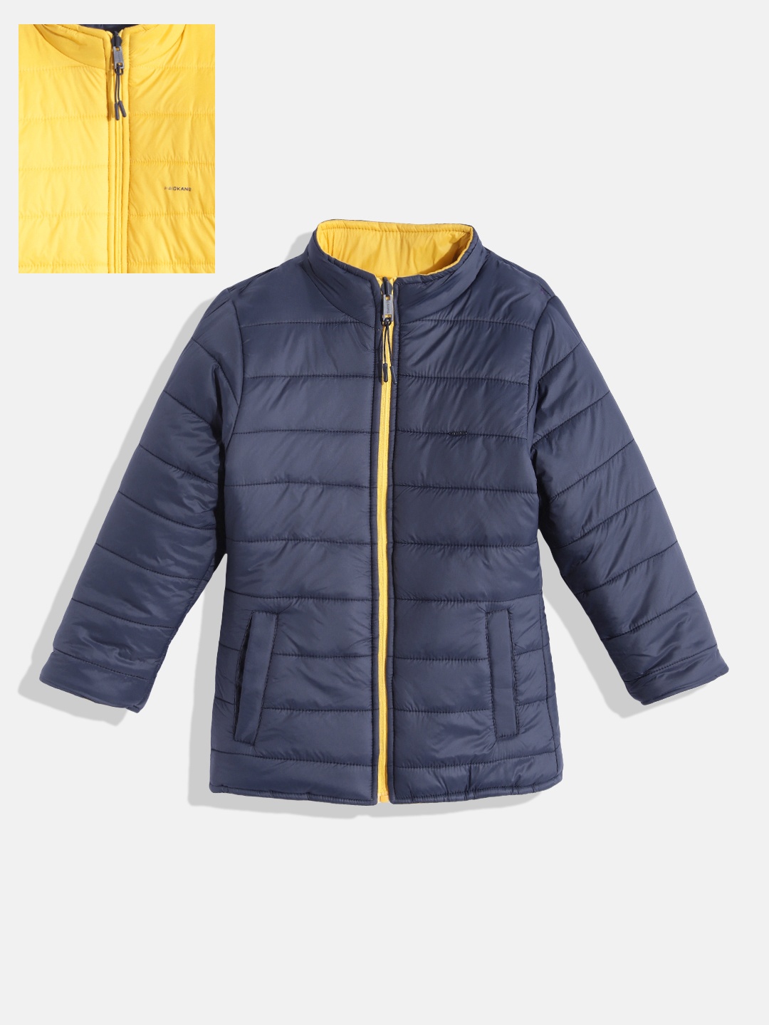 

Okane Girls Navy Blue & Yellow Solid Reversible Padded Jacket