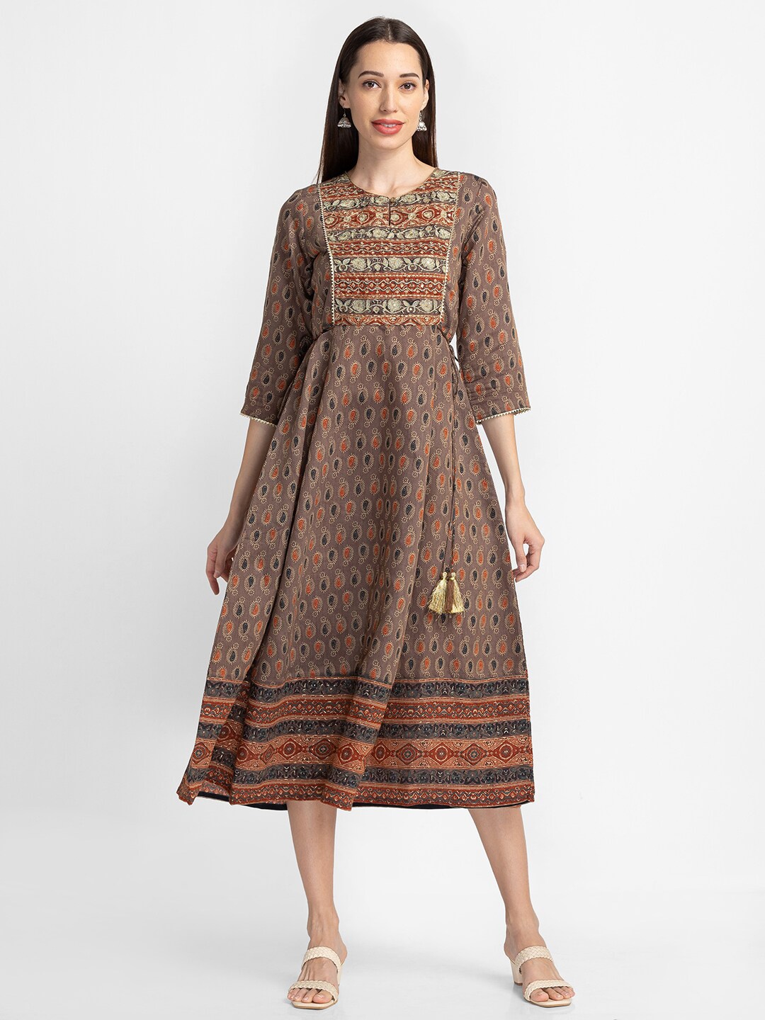 

Globus Taupe Ethnic Motifs Ethnic Midi Dress