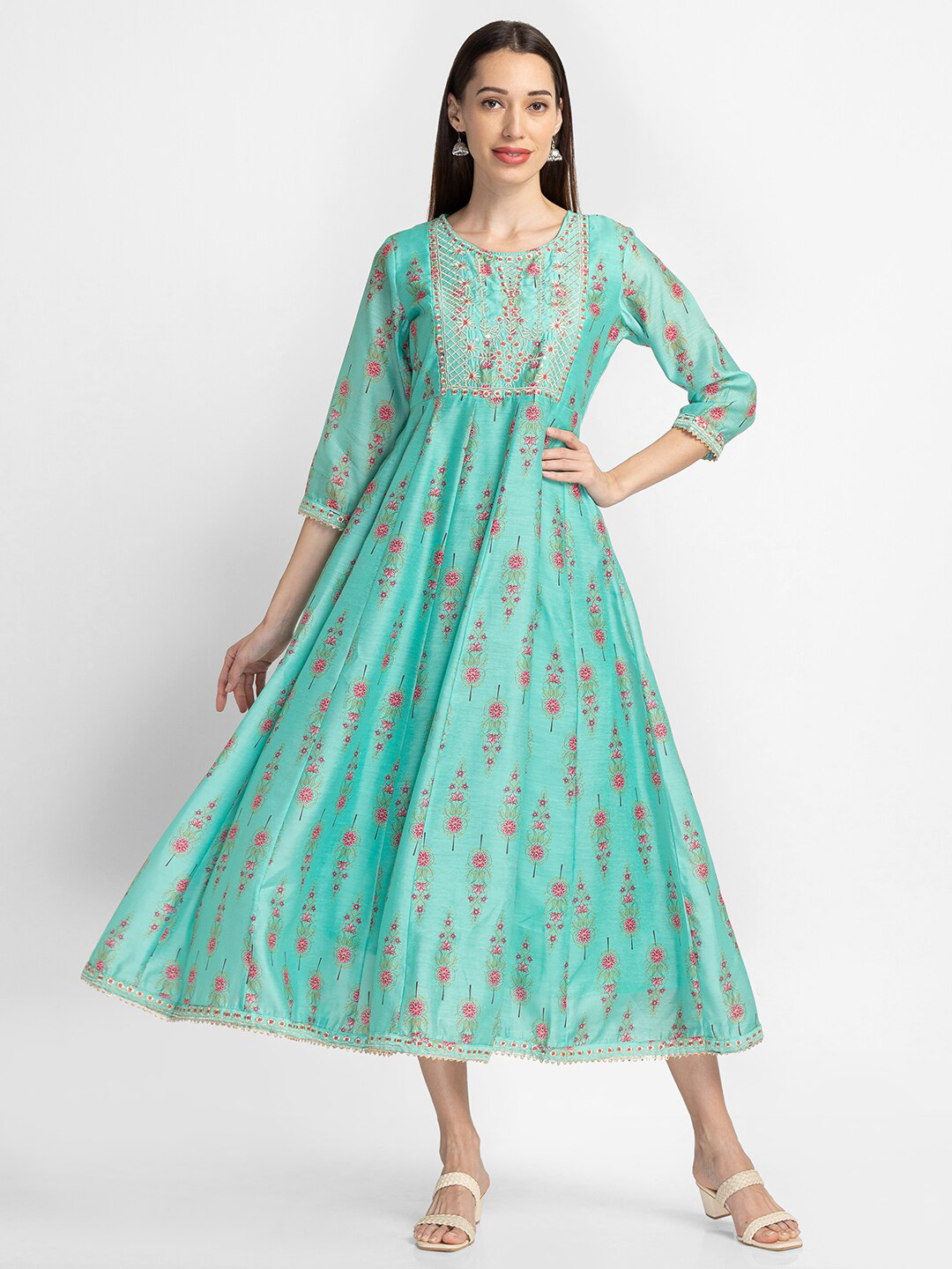 

Globus Sea Green Floral Ethnic Midi Dress