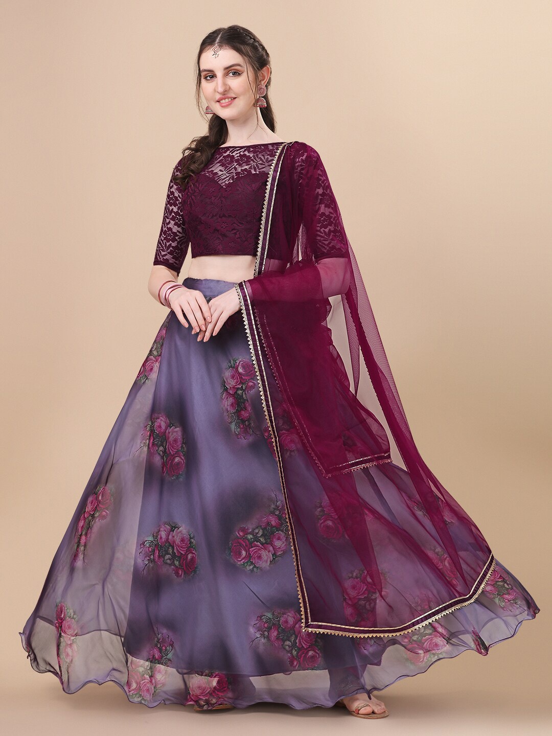 

Fab Dadu Purple & Burgundy Semi-Stitched Lehenga & Unstitched Blouse With Dupatta