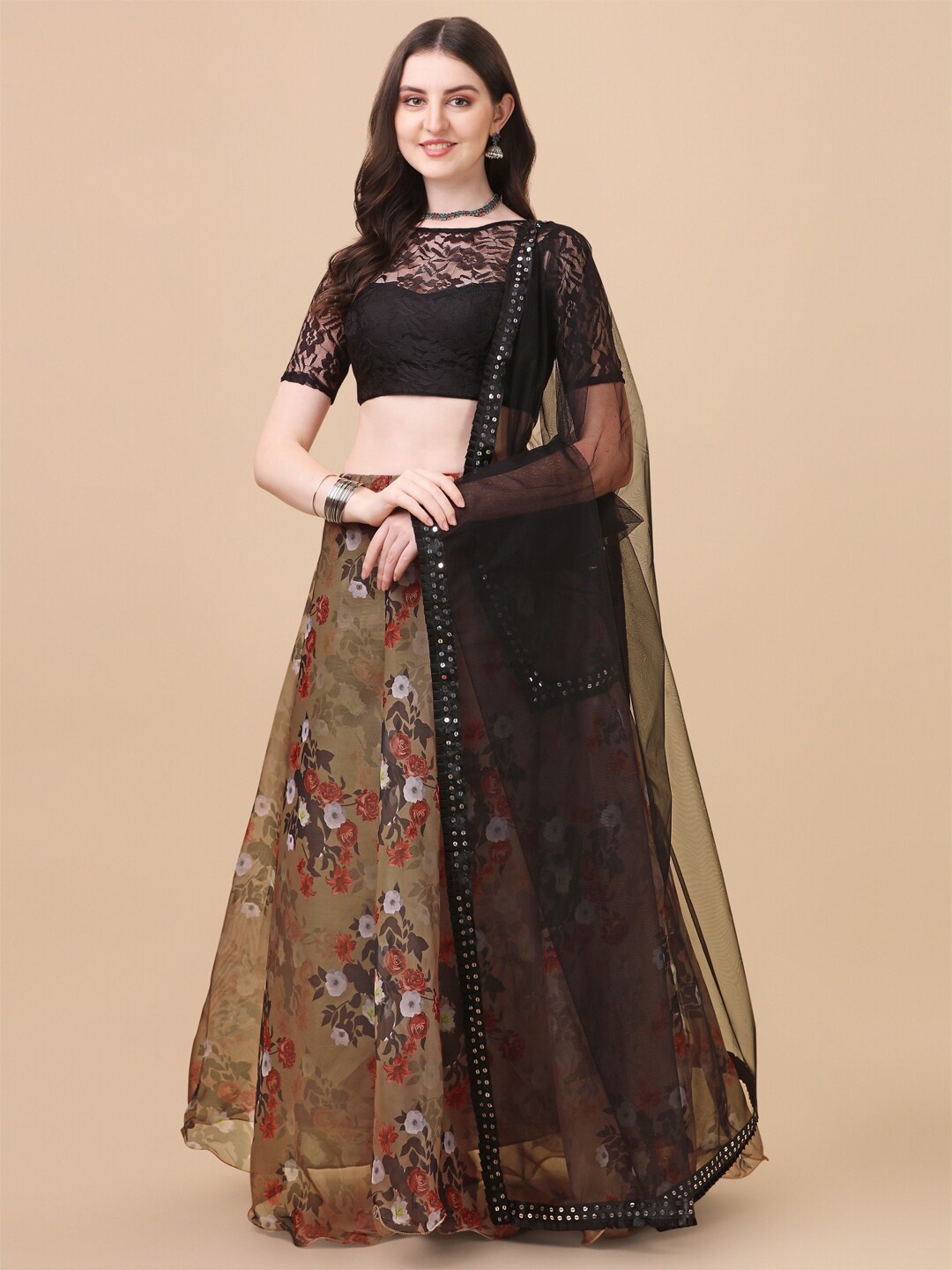 

Fab Dadu Brown & Black Semi-Stitched Lehenga & Unstitched Blouse With Dupatta