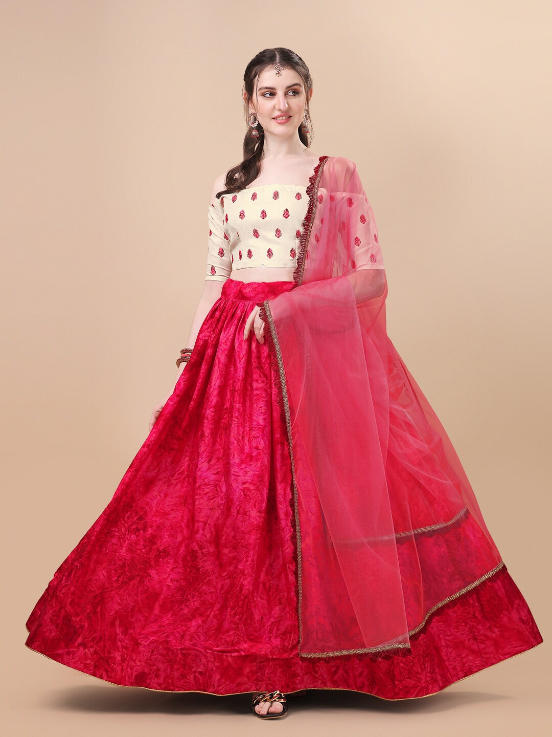 

Fab Dadu Pink & White Embroidered Semi-Stitched Lehenga & Unstitched Blouse With Dupatta