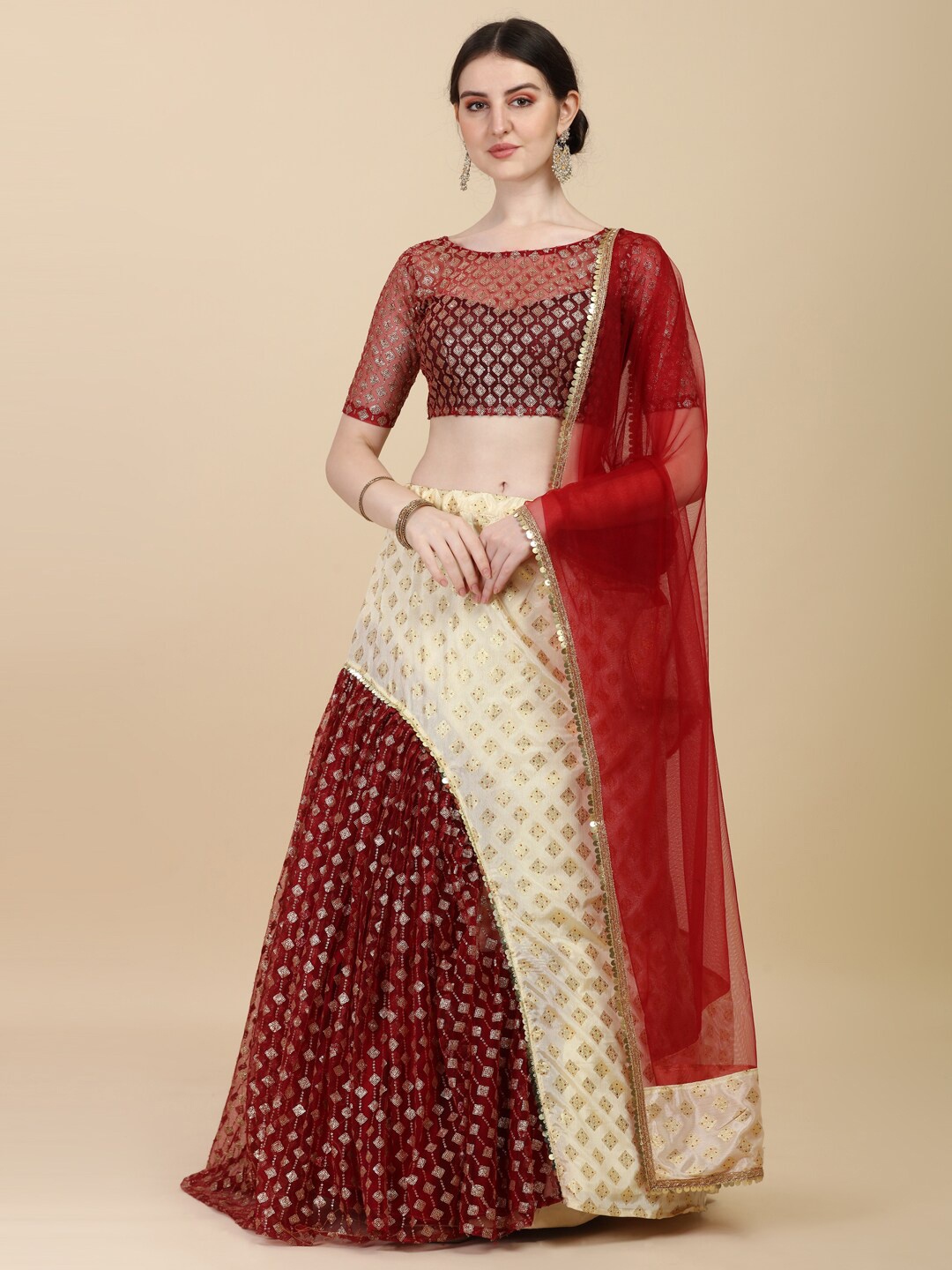 

Fab Dadu Beige & Maroon Embroidered Sequinned Semi-Stitched Lehenga & Unstitched Blouse With Dupatta