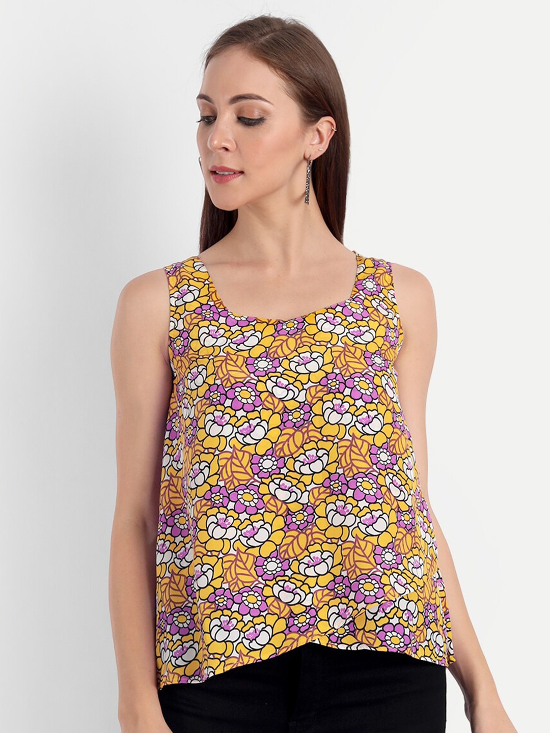 

MINGLAY Yellow Floral Print Top