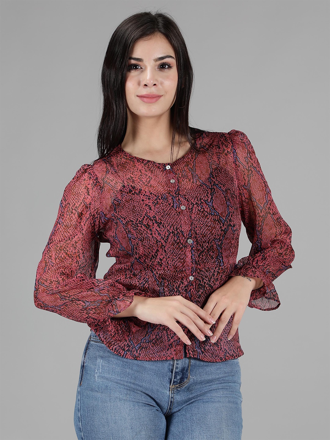 

MINGLAY Maroon Floral Print Chiffon Top