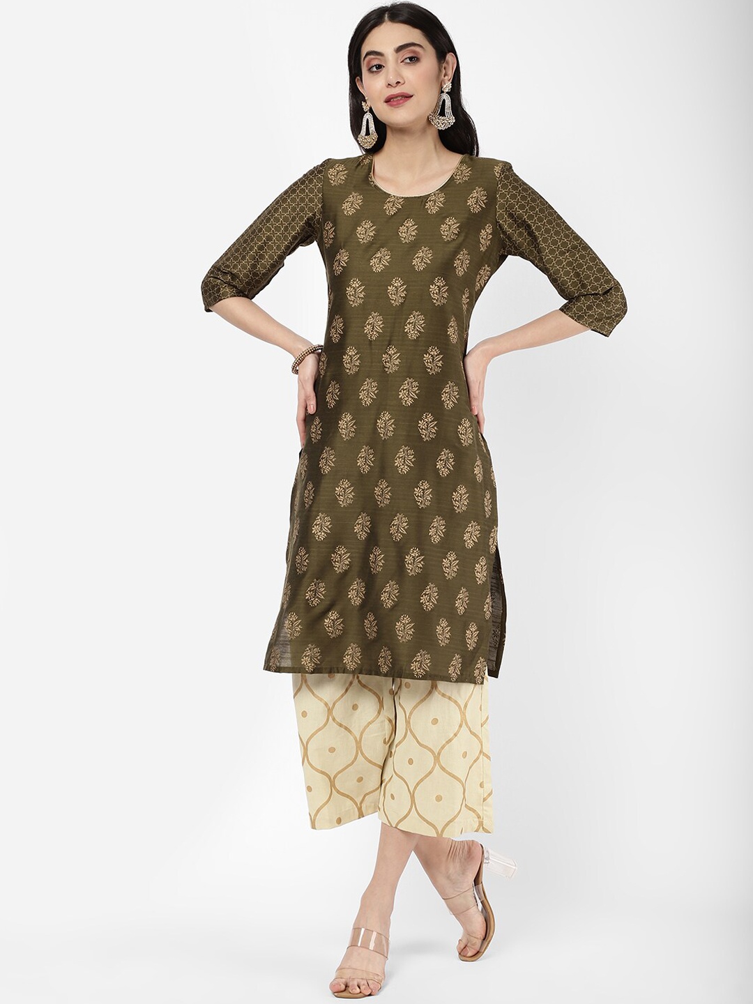 

R&B Ethnic Motifs Printed Straight Cotton Kurta, Green