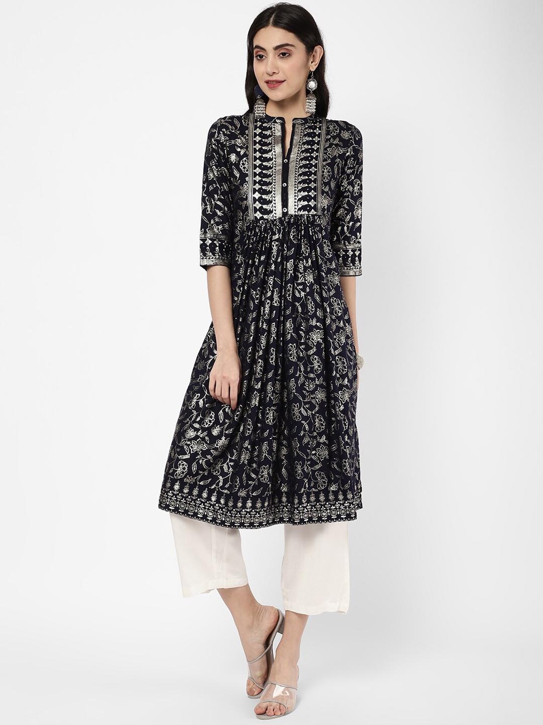 

R&B Mandarin Collar Ethnic Motifs Printed Cotton Kurta, Black