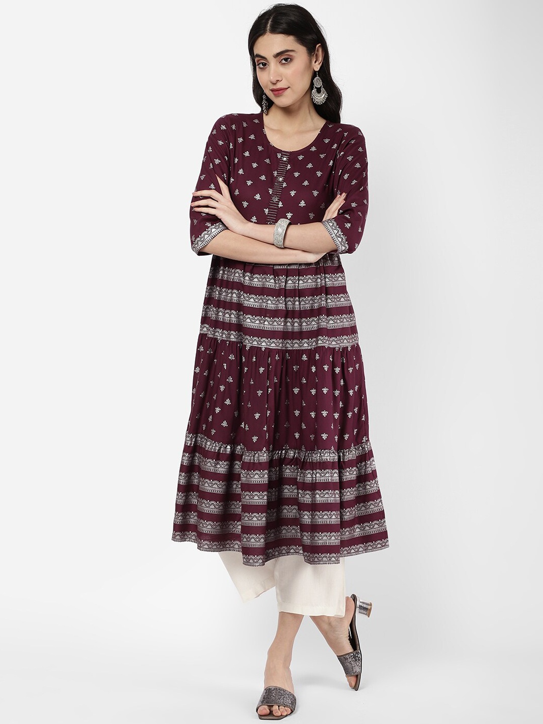 

R&B Floral Printed Cotton Anarkali Empire Kurta, Maroon