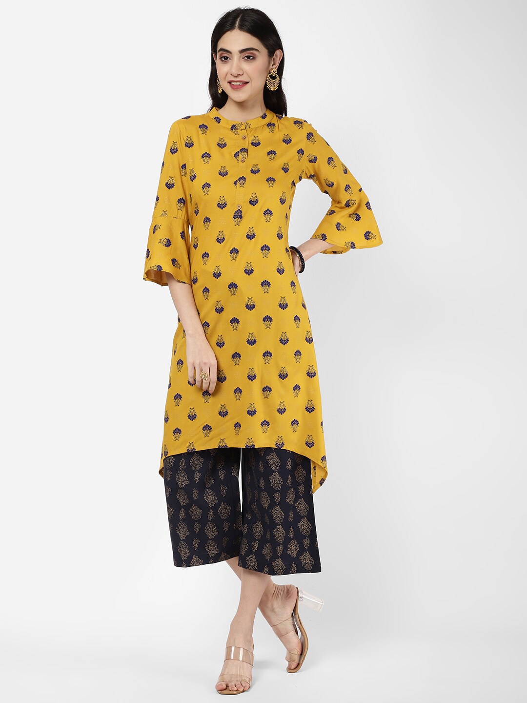 

R&B Floral Printed Cotton Bell Sleeves A-Line Curved Kurta, Yellow