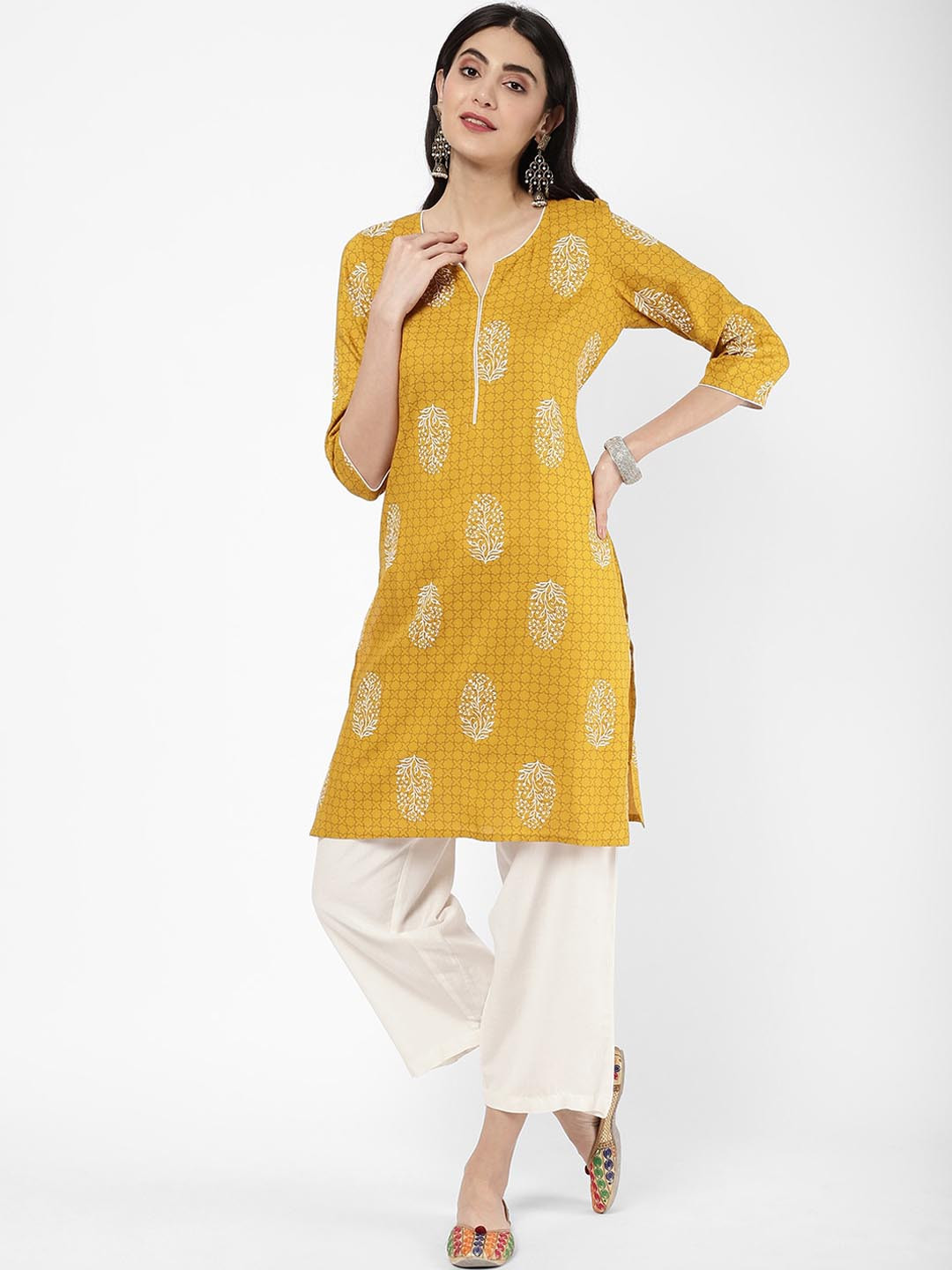 

R&B Ethnic Motifs Printed Straight Cotton Kurta, Yellow