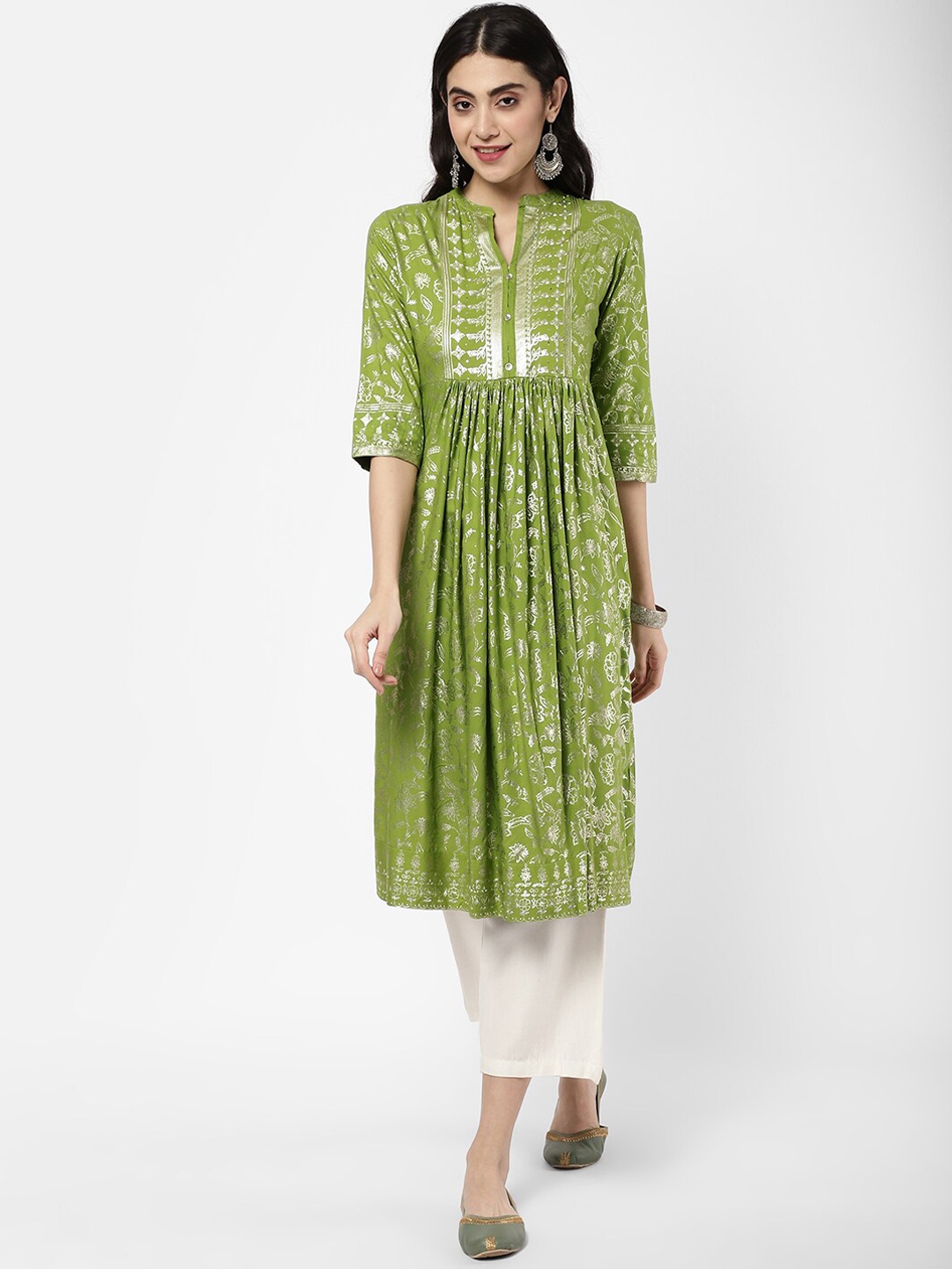 

R&B Women Green & Silver Floral Printed Cotton Keyhole Neck Anarkali Kurta