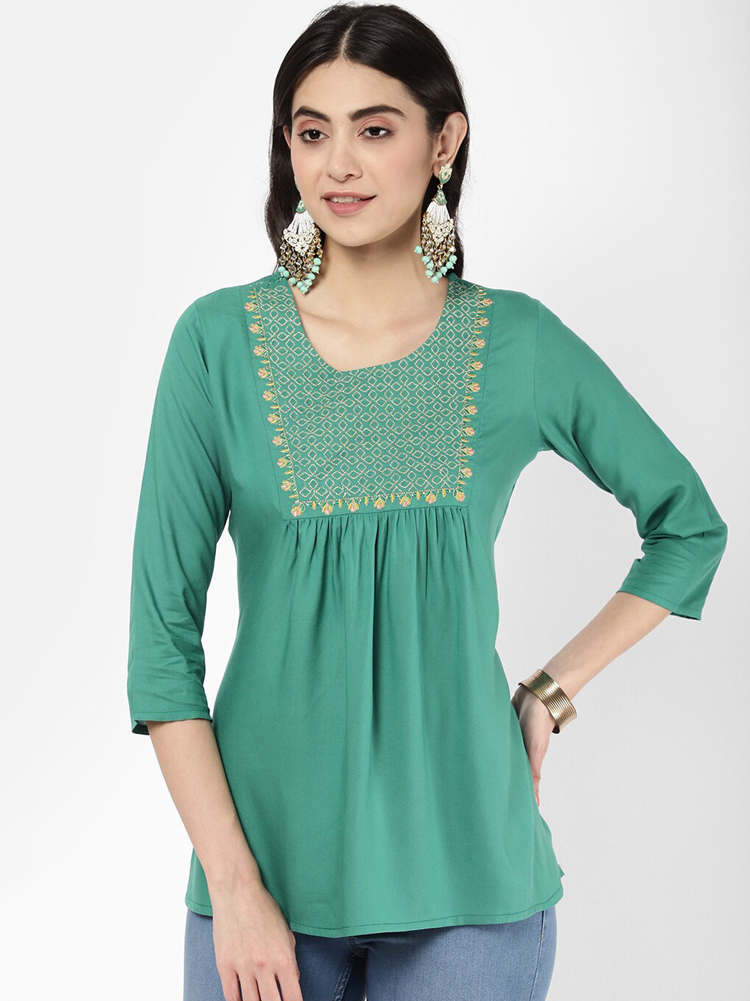 

R&B Thread Work Pure Cotton Thread Work Pleated Kurti, Green