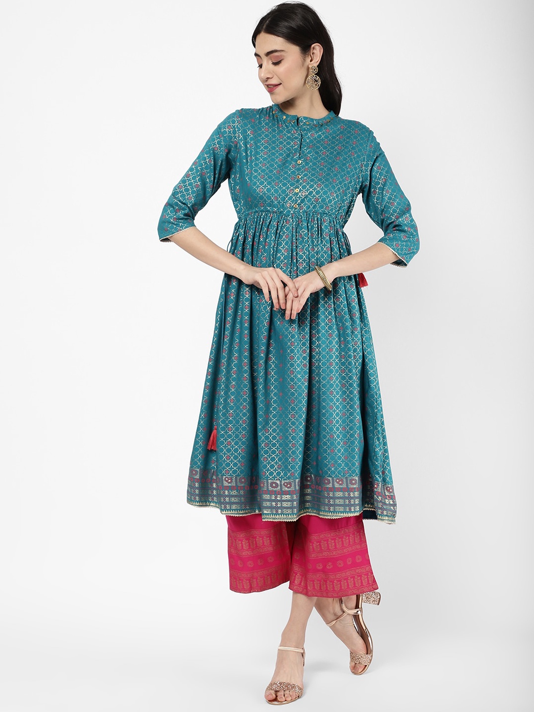 

R&B Ethnic Motifs Printed Anarkali Cotton Kurta, Blue