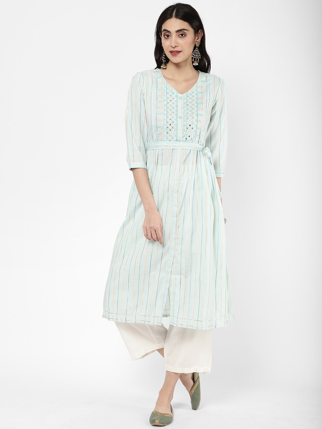 

R&B Women Blue Striped Mirror Work Kurta