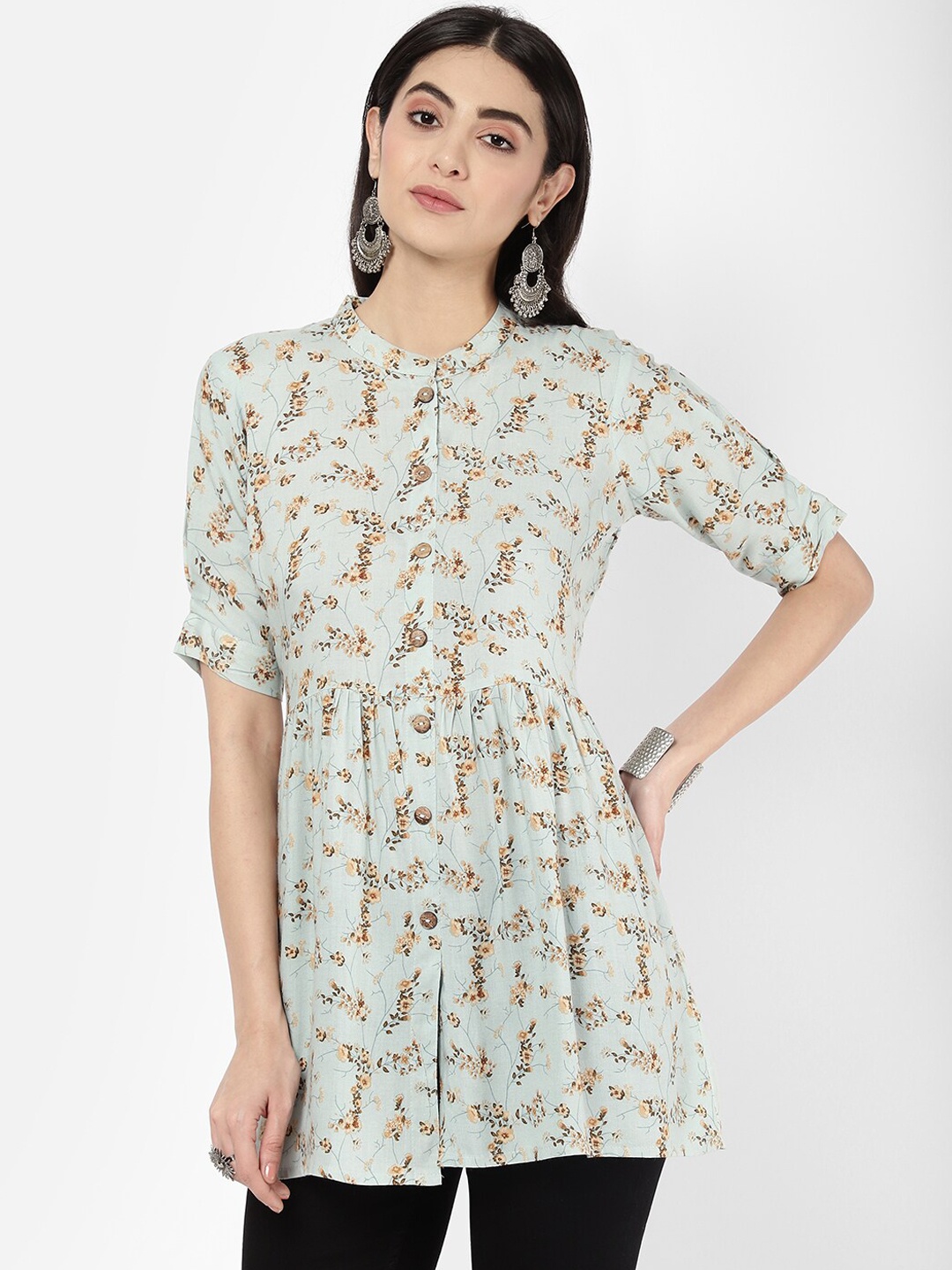 

R&B Women Blue Mandarin Collar Printed Tunic