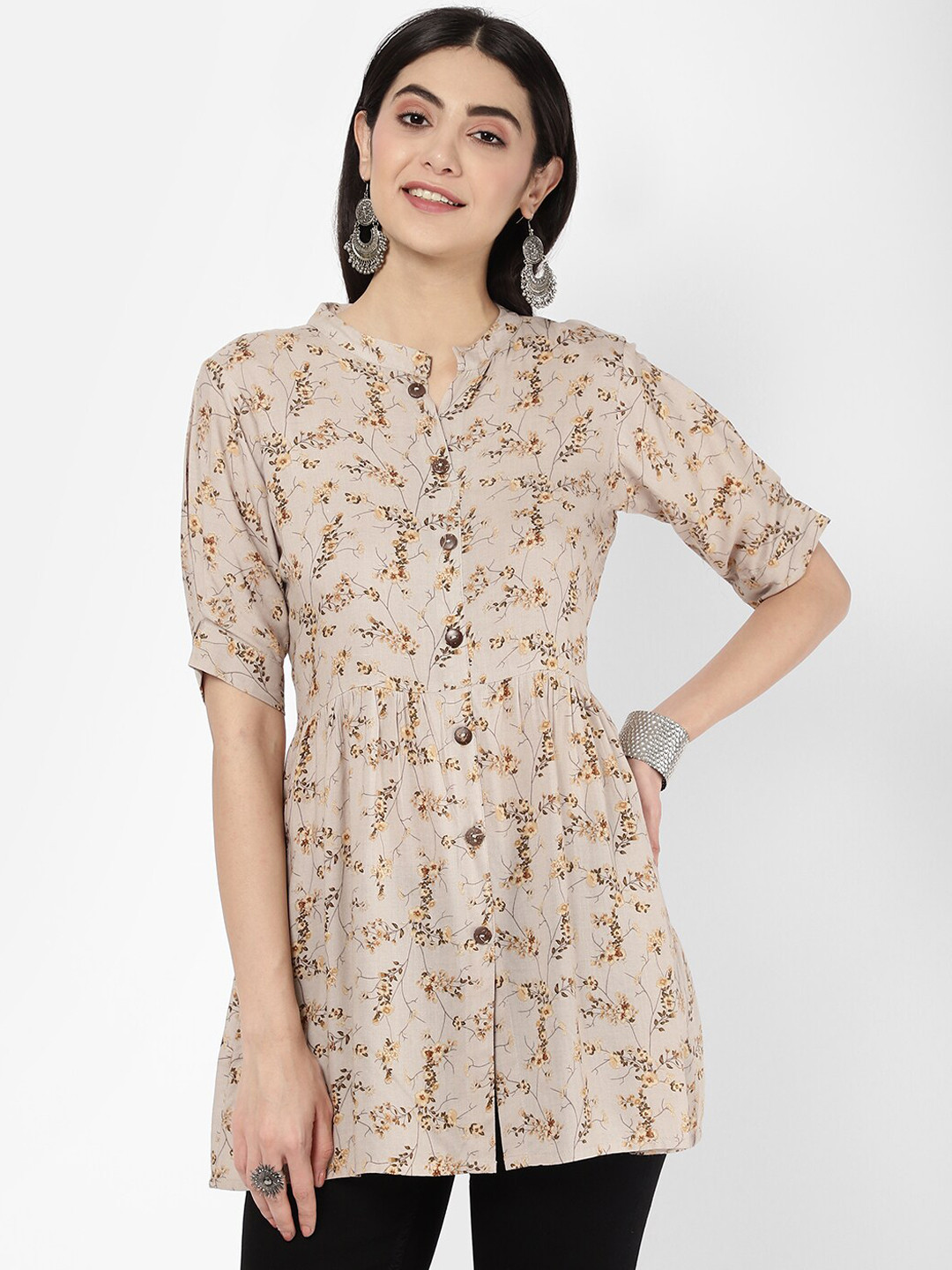 

R&B Women Grey Mandarin Collar Printed Tunic