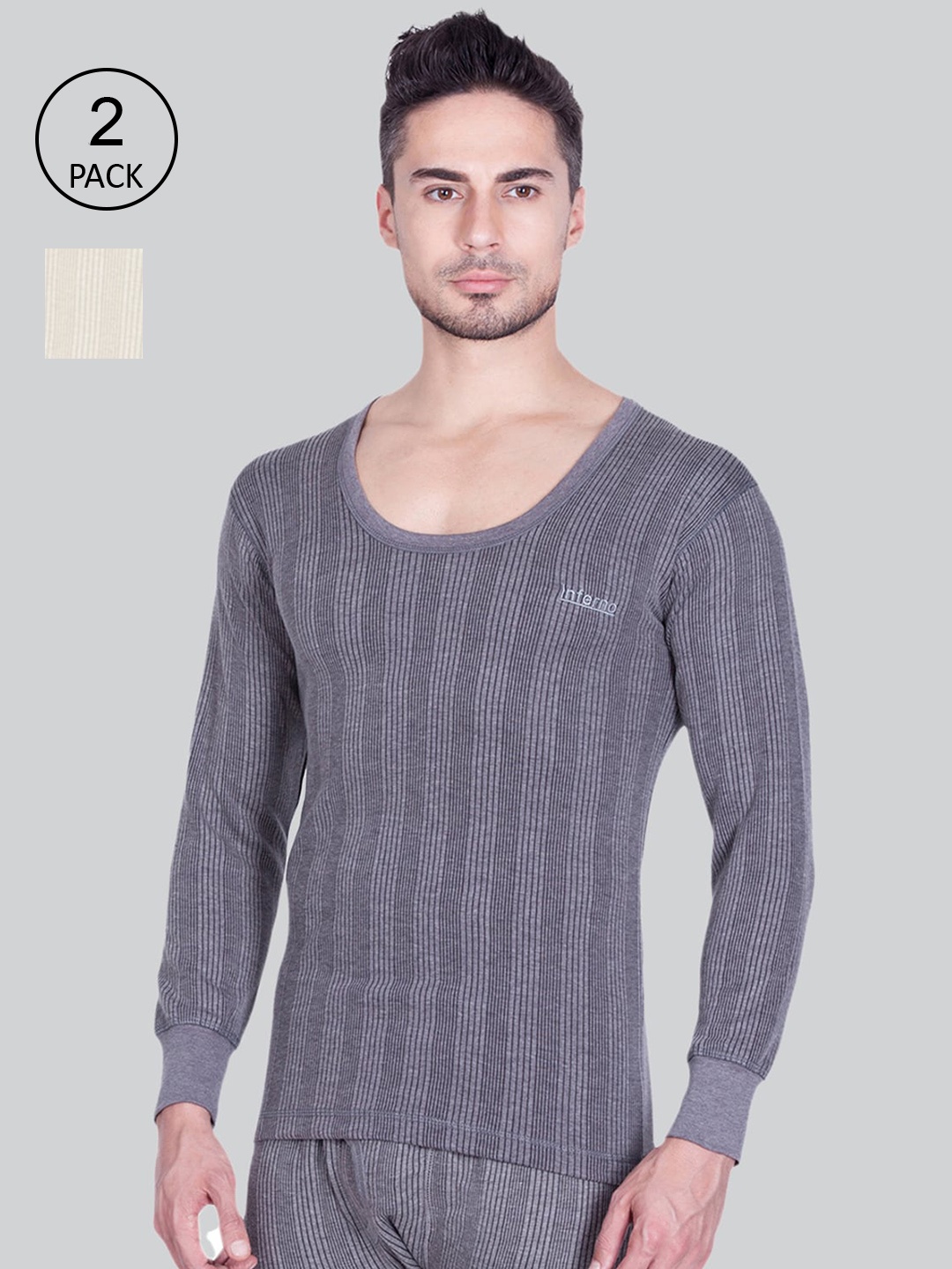 

INFERNO Men Pack of 2 Striped Woolen Thermal Tops, Assorted