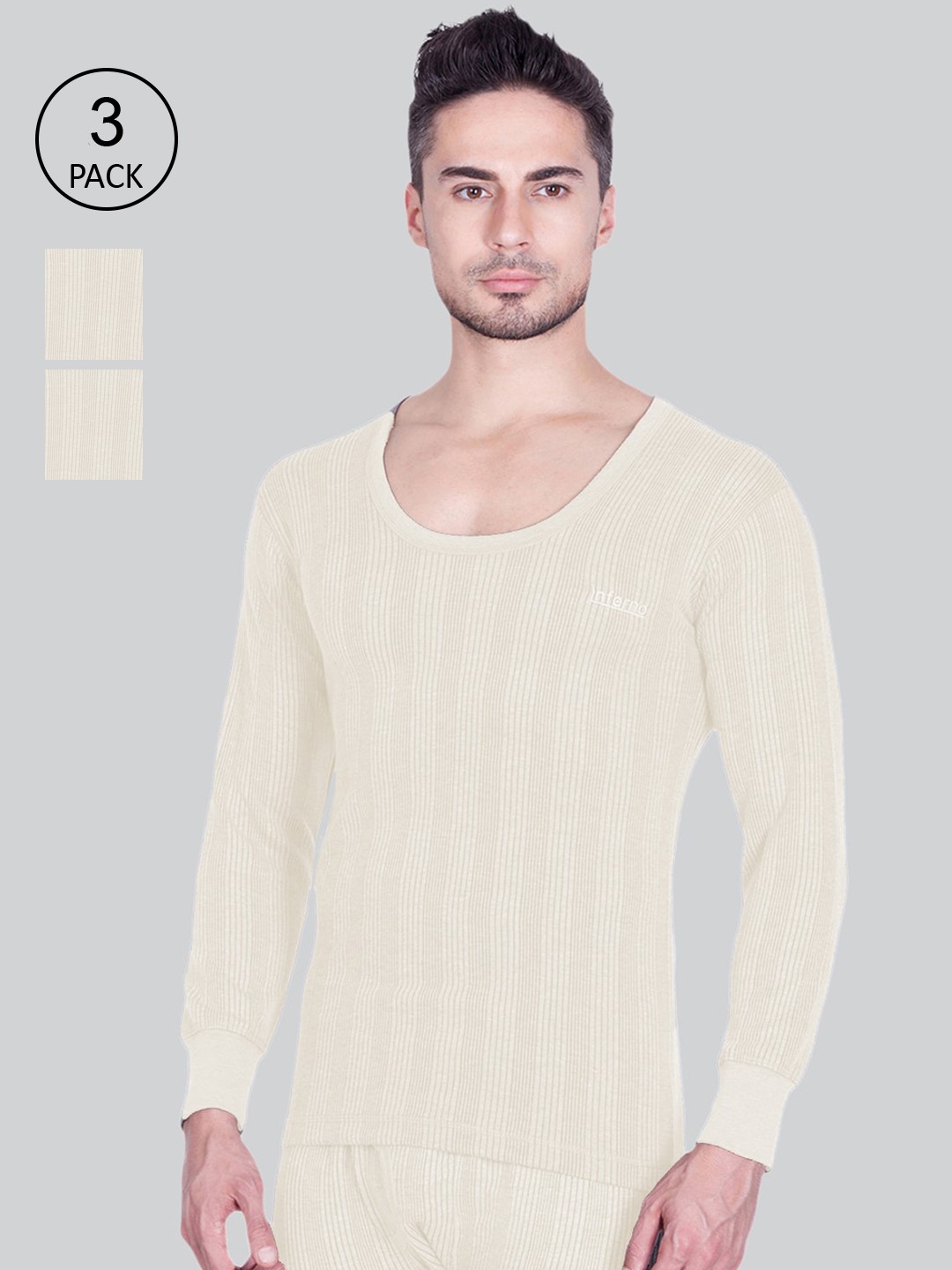 

INFERNO Men Pack Of 3 Off White Striped Thermal Tops