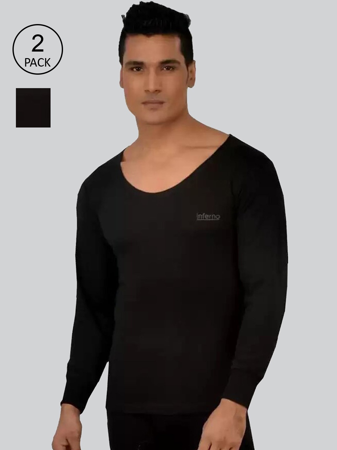 

INFERNO Men Pack Of 2 Solid Thermal Tops, Black