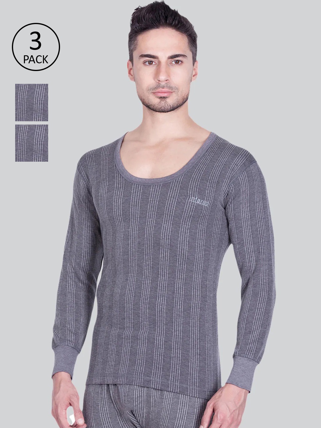 

INFERNO Men Pack Of 3 Grey Striped Thermal Tops