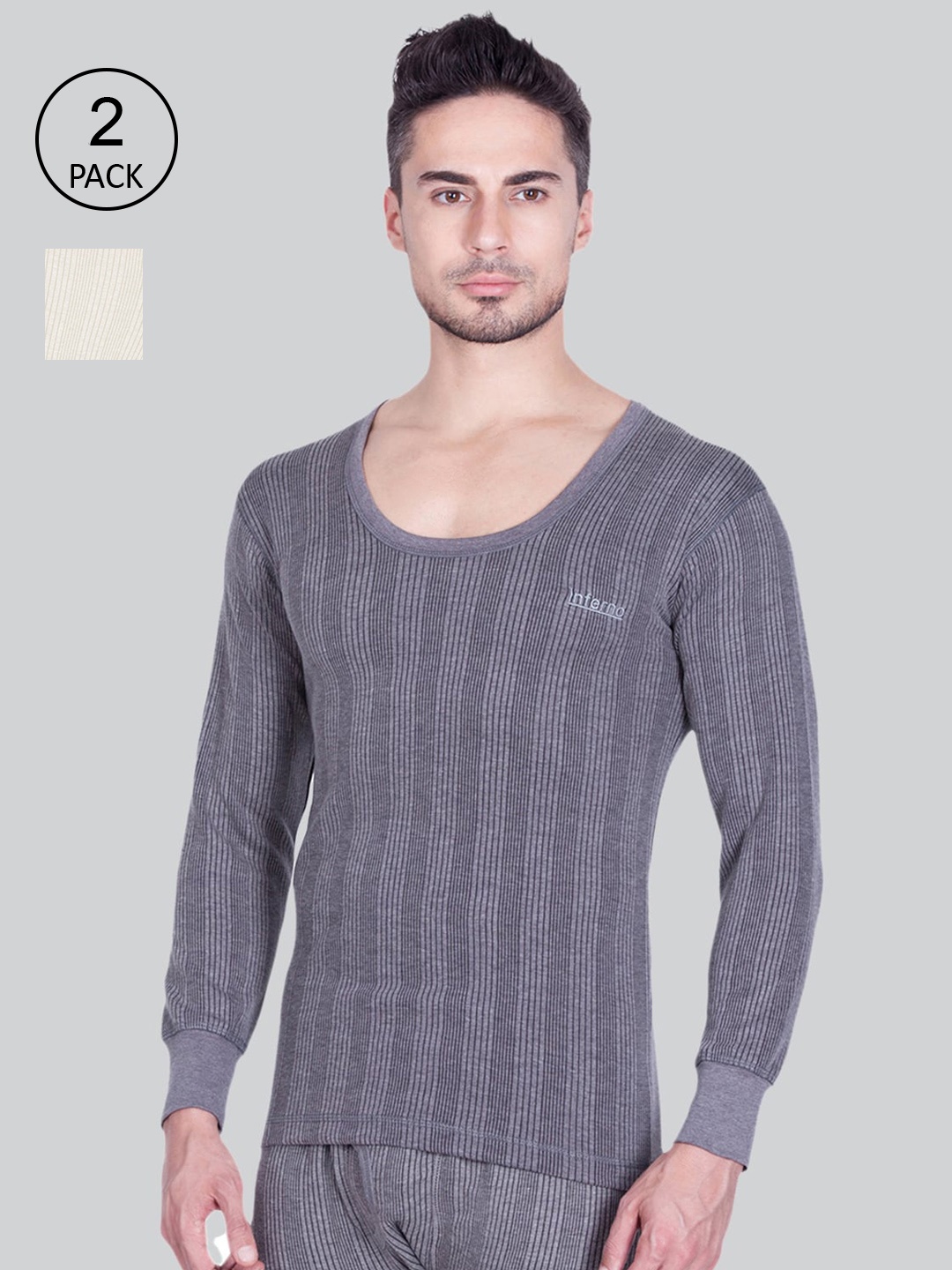 

INFERNO Men Pack Of 2 Grey & White Striped Thermal Tops