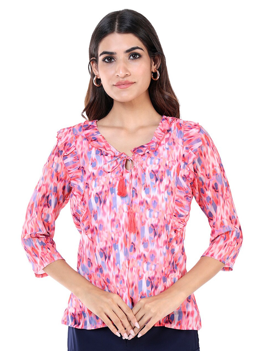 

NOT SO PINK Pink & Blue Print Tie-Up Neck Ruffles Top