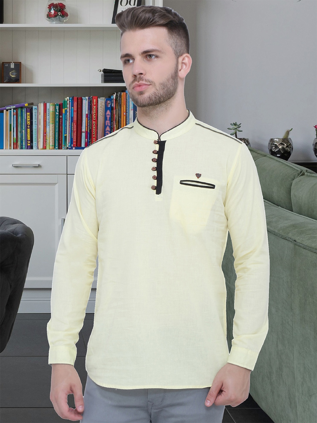 

Kuons Avenue Mandarin Collar Long Sleeves Linen Kurta, Yellow