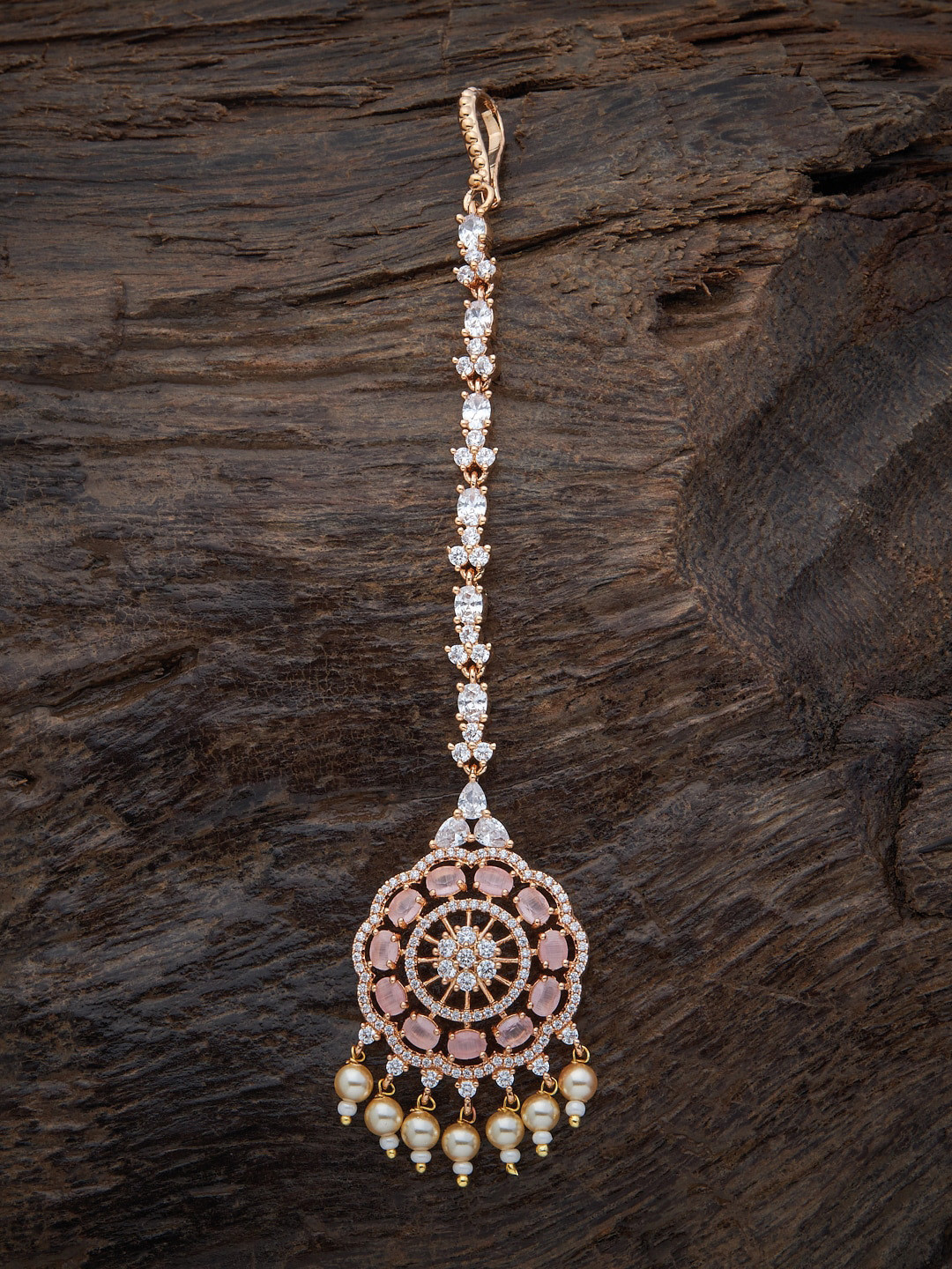

Kushal's Fashion Jewellery Women Gold-Plated White & Pink Studded & Pearl Beaded Maangtika