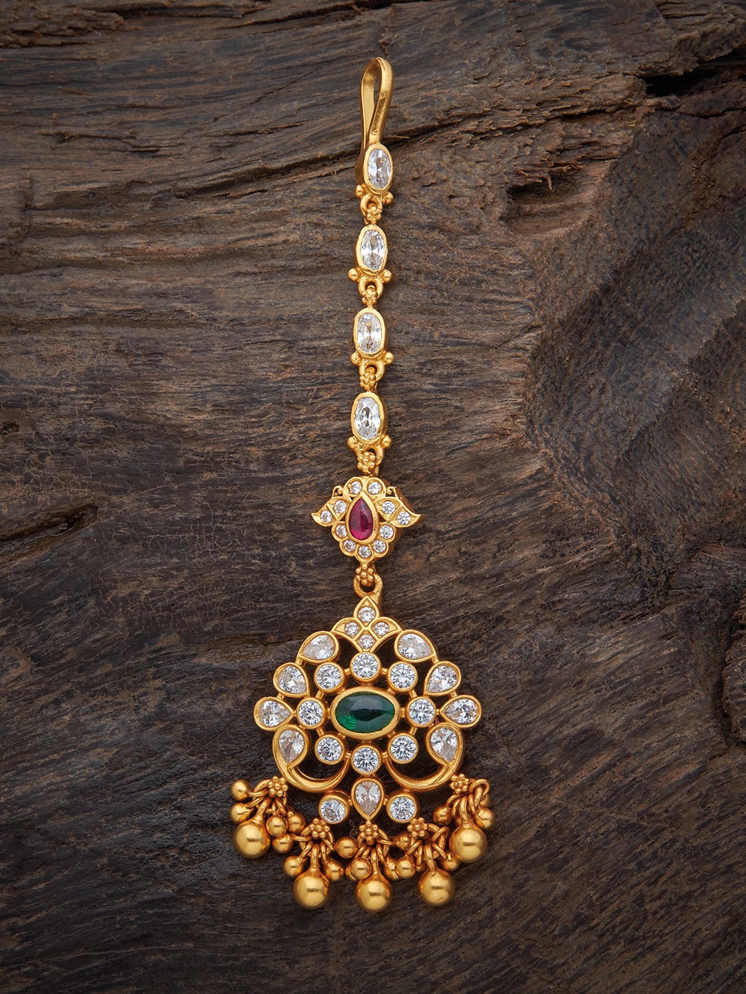 

Kushal's Fashion Jewellery Gold Plated White & Green Stone & Beaded Head Maang Tikka