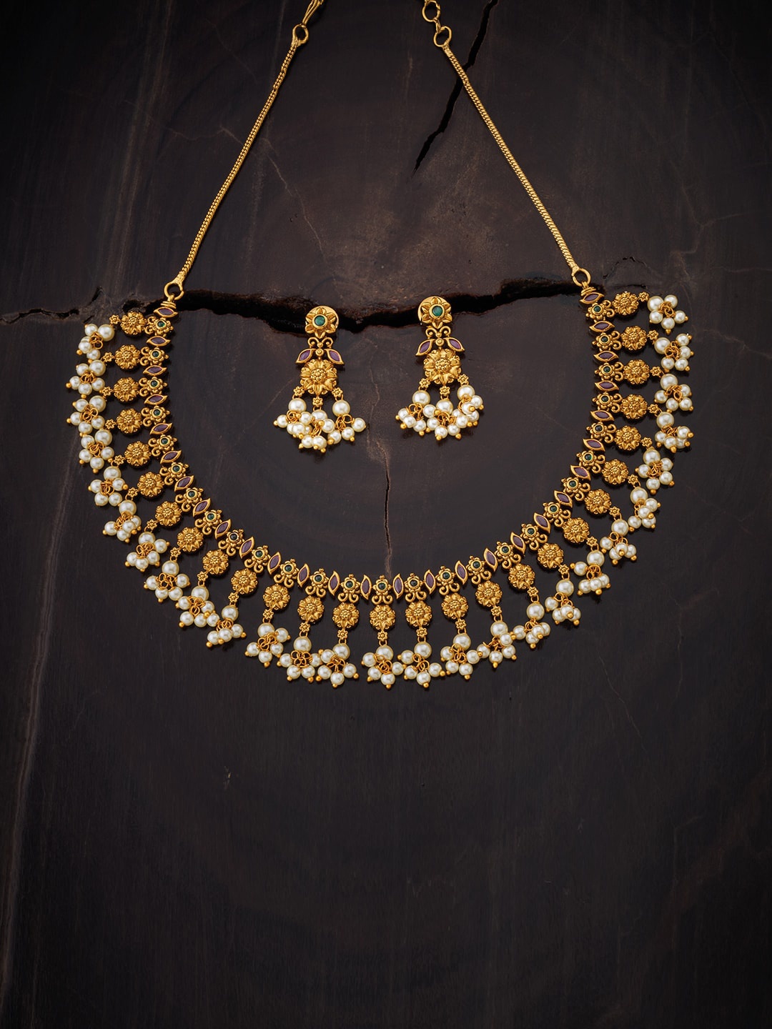 

Kushal's Fashion Jewellery Women Gold Plated White & Red Stone & Pearl Jewellery Set