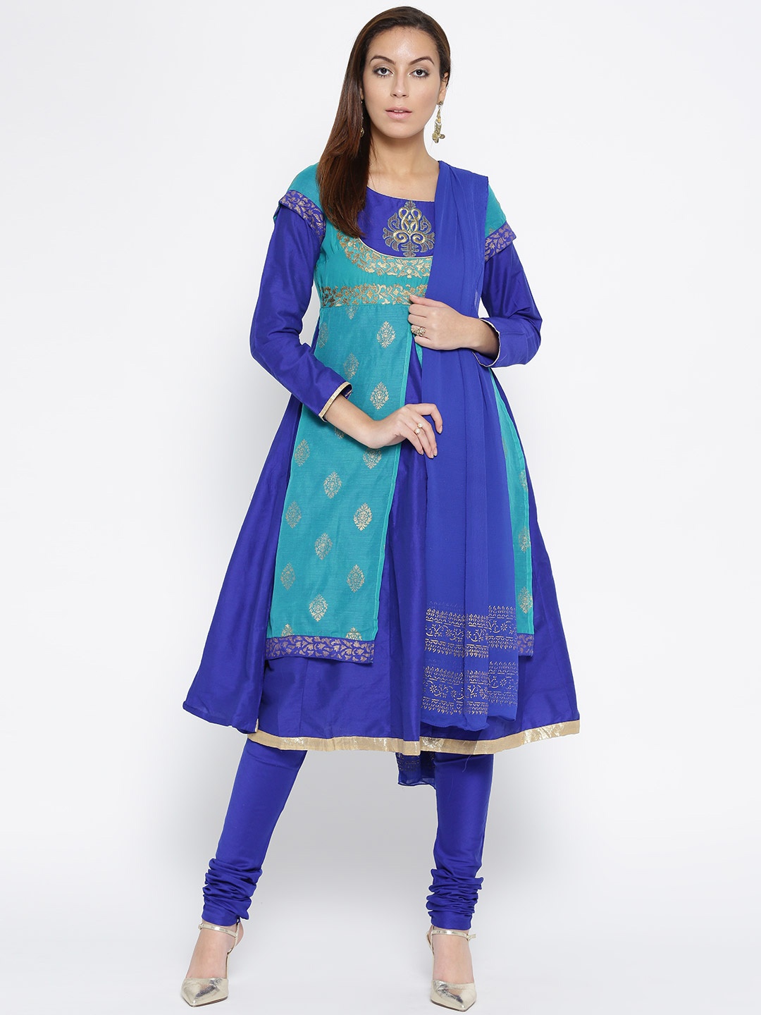 

TRISHAA BY PANTALOONS Women Blue & Sea Green Printed Kurta with Churidar & Dupatta