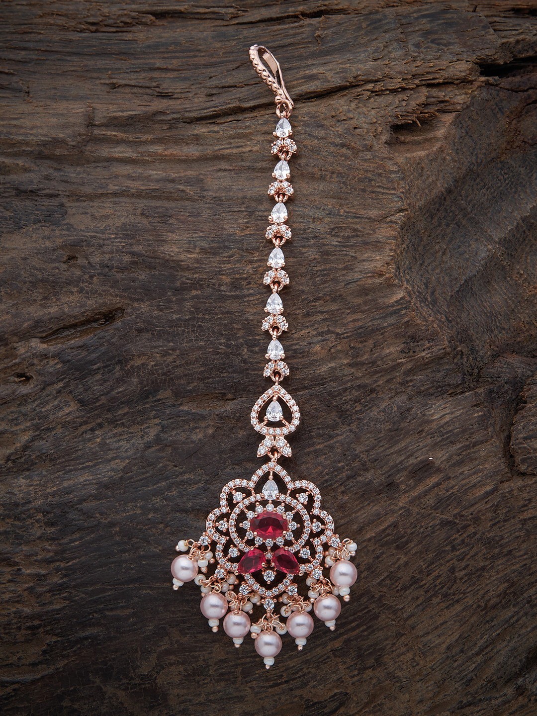 

Kushal's Fashion Jewellery Women Rose Gold-Plated White & Red Stone & Pearl Maangtika