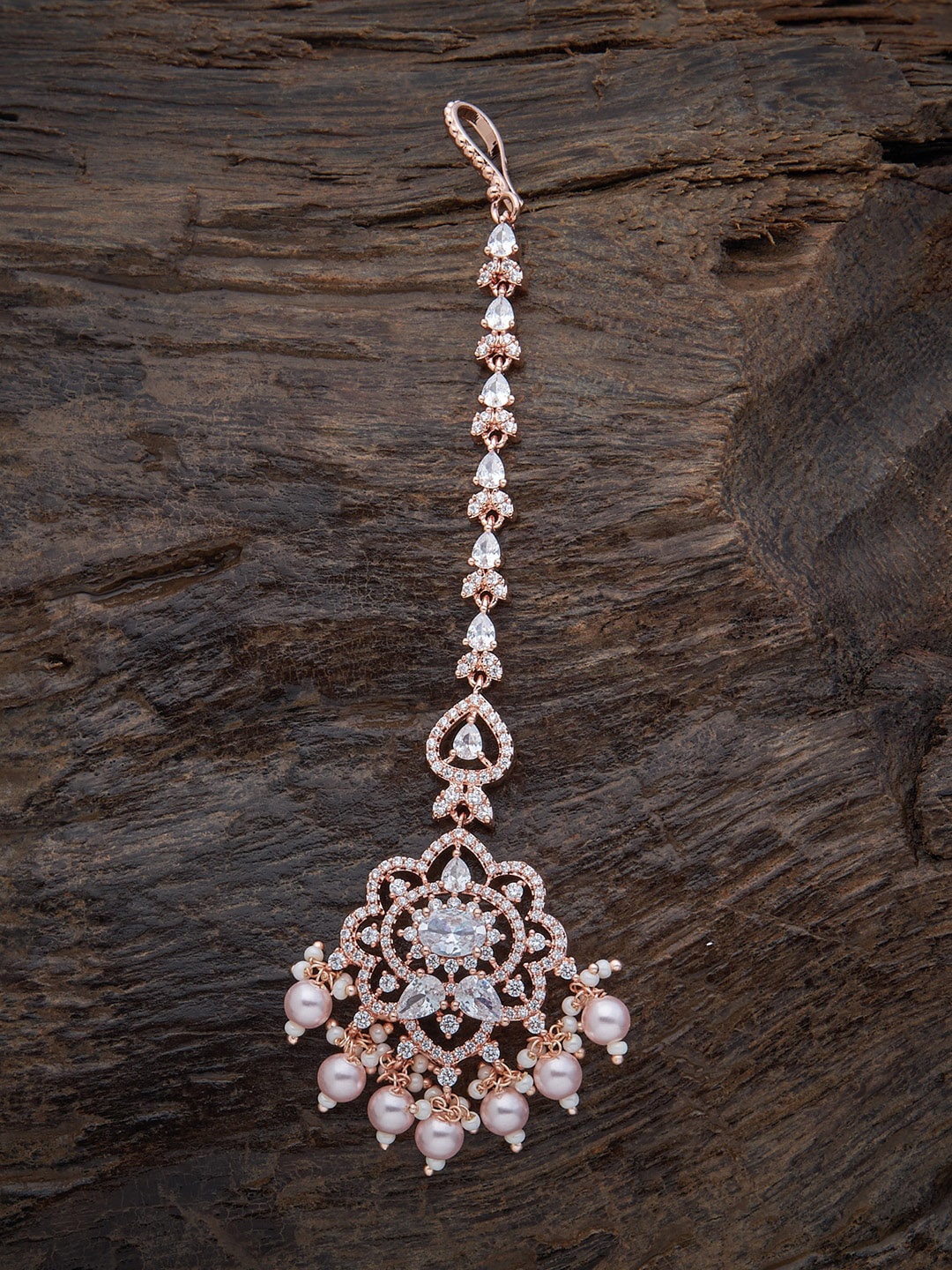 

Kushal's Fashion Jewellery Women Rose Gold-Plated White CZ Studded & Beaded Maang Tikka