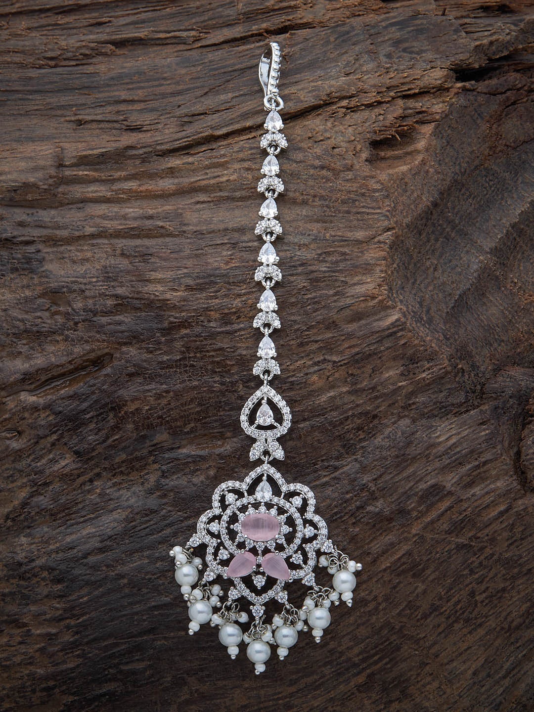 

Kushal's Fashion Jewellery Women Rhodium-Plated Pink & White CZ Studded Maang Tikka, Silver