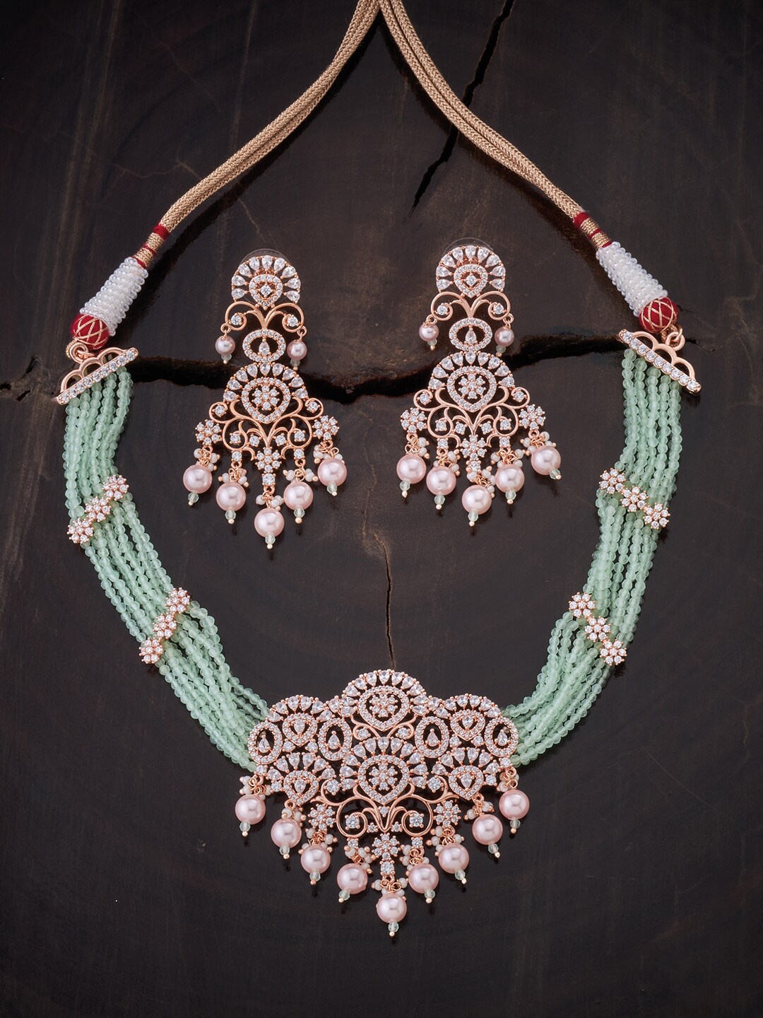 

Kushal's Fashion Jewellery Women Rose Gold-Plated Sea Green CZ-Studded Jewellery Set