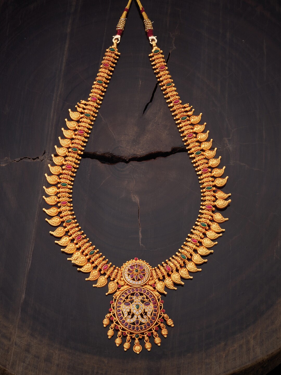 

Kushal's Fashion Jewellery Women Gold-Plated Red & Green Stone-Studded Temple Necklace