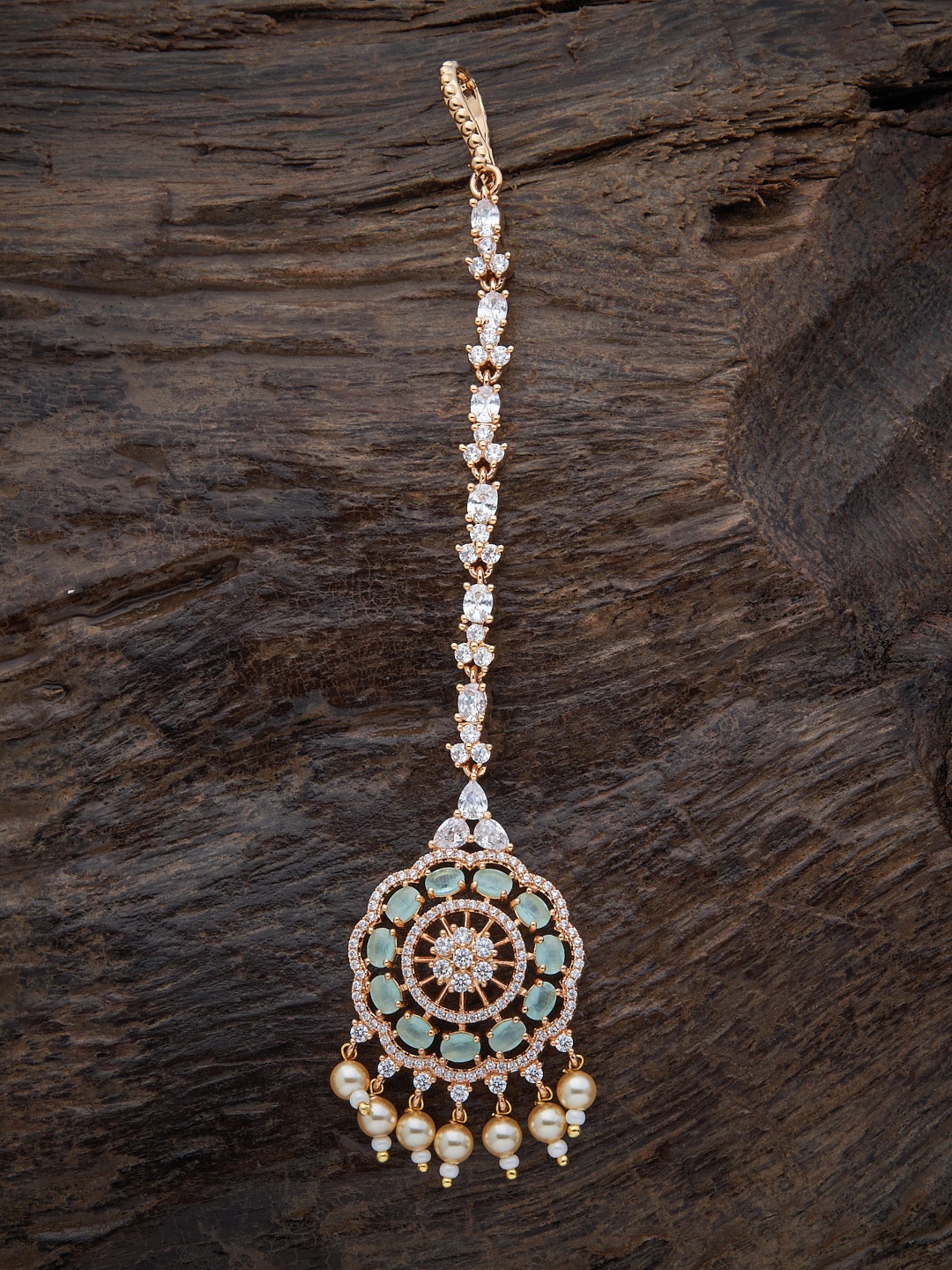 

Kushal's Fashion Jewellery Women Gold-Plated Sea Green & White CZ & Beaded Maang Tikka