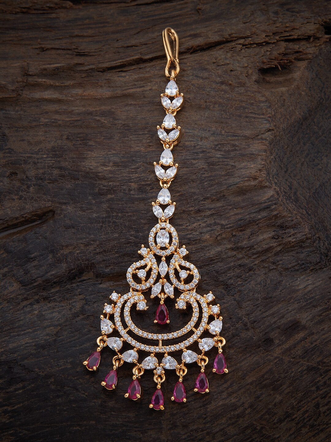 

Kushal's Fashion Jewellery women Gold-Plated Pink & White CZ Studded & Beaded Maang Tikka