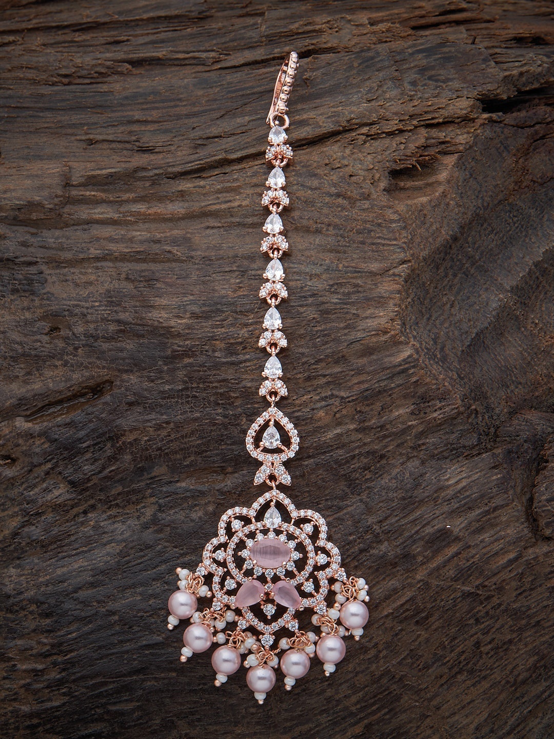 

Kushal's Fashion Jewellery Rose Gold-Plated Pink & White CZ Studded & Beaded Maang Tikka