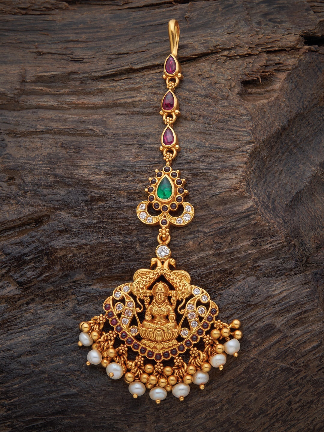 

Kushal's Fashion Jewellery Gold Plated Green & Red Stone-Studded & Beaded Maangtika